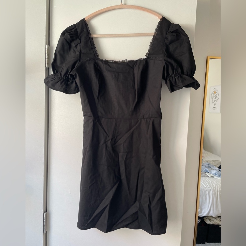 Rihoas The Black Square Neck Lace Puff Sleeve Mini Dress